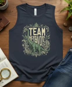 Team Herbivore t-shirt featuring a green Brontosaurus dinosaur surrounded by leafy green foliage and decorative borders