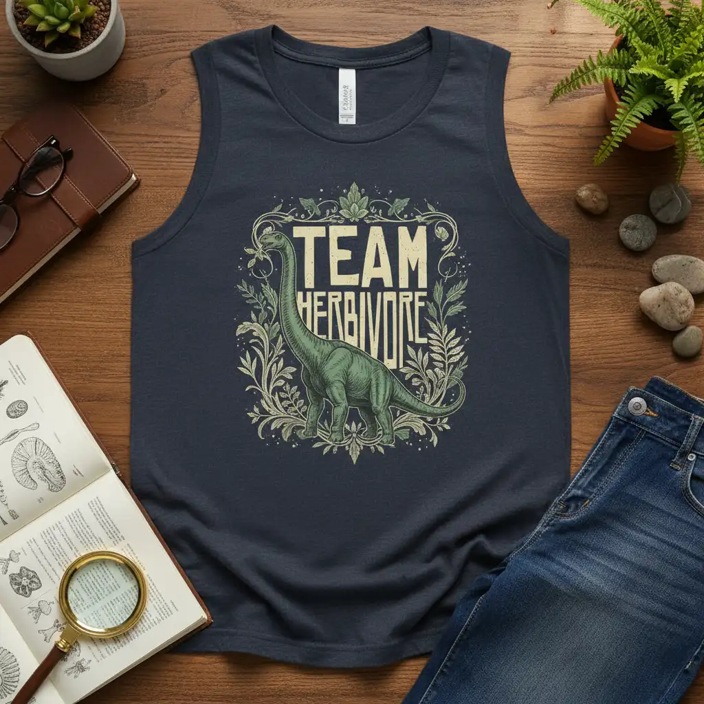 Team Herbivore quote with a detailed Brontosaurus dinosaur graphic surrounded by lush green leaves and vines