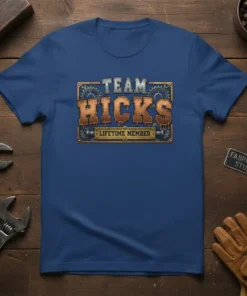Team Hicks Lifetime Member text design with rustic, industrial font and gear accents on a blue t-shirt