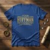 Team Huffman Lifetime Member text in gold distressed font on a royal blue t-shirt