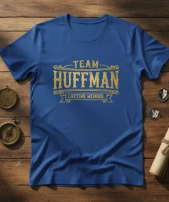 Team Huffman Lifetime Member text in gold distressed font on a royal blue t-shirt