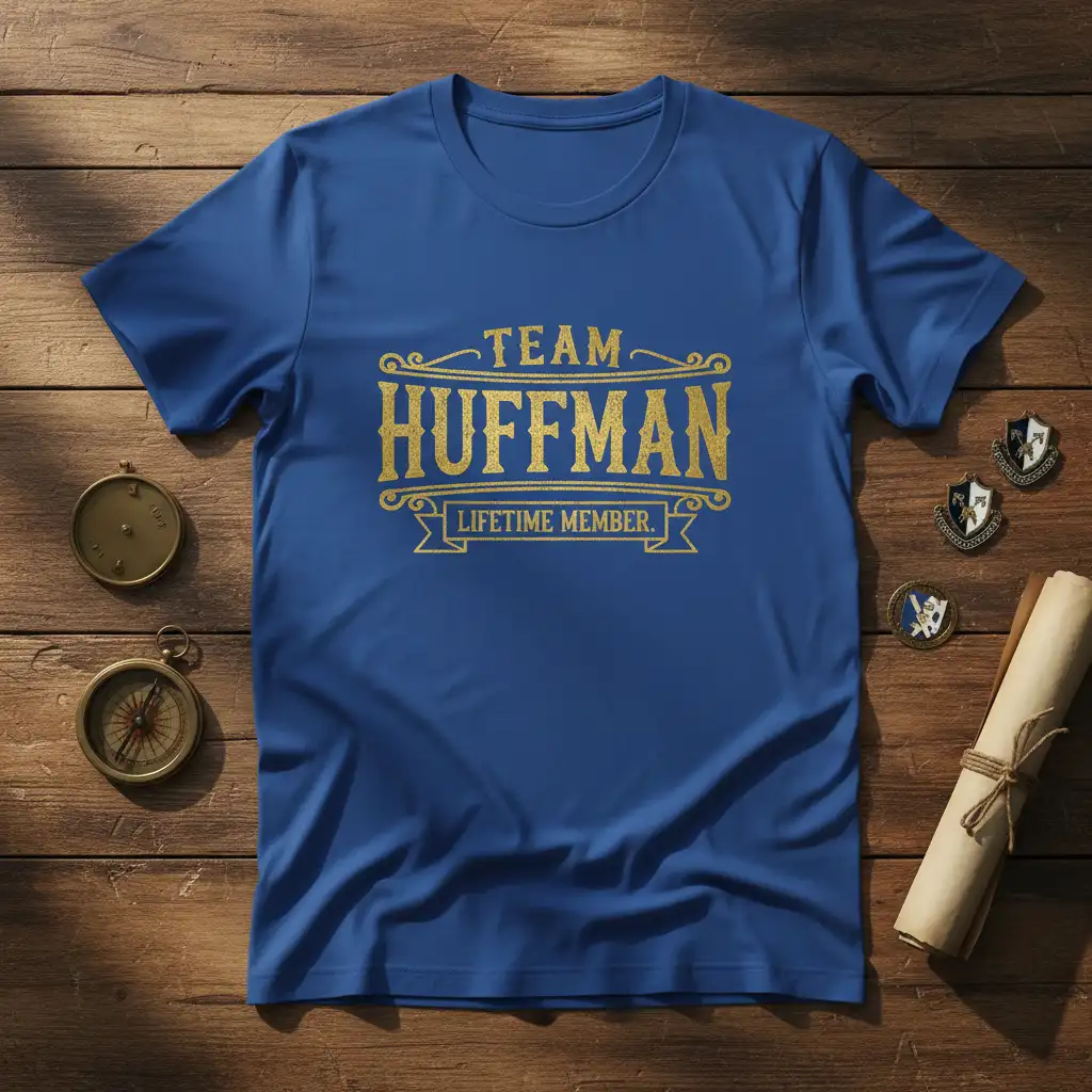 Team Huffman Lifetime Member text in gold on a blue t-shirt, ideal for family reunions