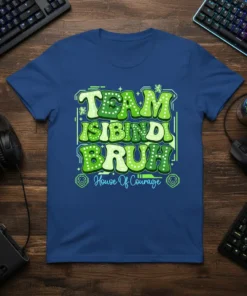 Team Isibindi Bruh House Of Courage text design with green and white polka dots and outlined letters on a blue
