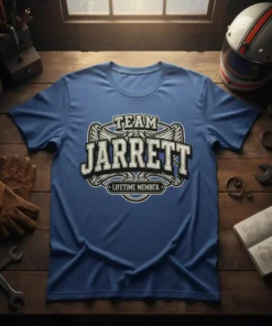 Team Jarrett Lifetime Member text with wings graphic on a blue t-shirt