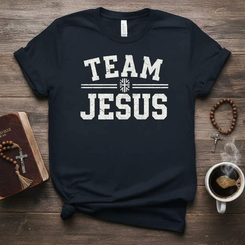 Team Jesus graphic tee with distressed white lettering on a dark navy shirt