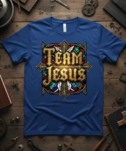 Team Jesus graphic tee with bold golden lettering and stained glass design, featuring angelic wings and crosses