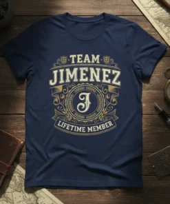 Team Jimenez Lifetime Member text design on a navy blue t-shirt, featuring ornate gold accents and a central 'J' emblem