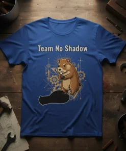 Team No Shadow text above a cartoon groundhog standing on its shadow, with gears and geometric designs