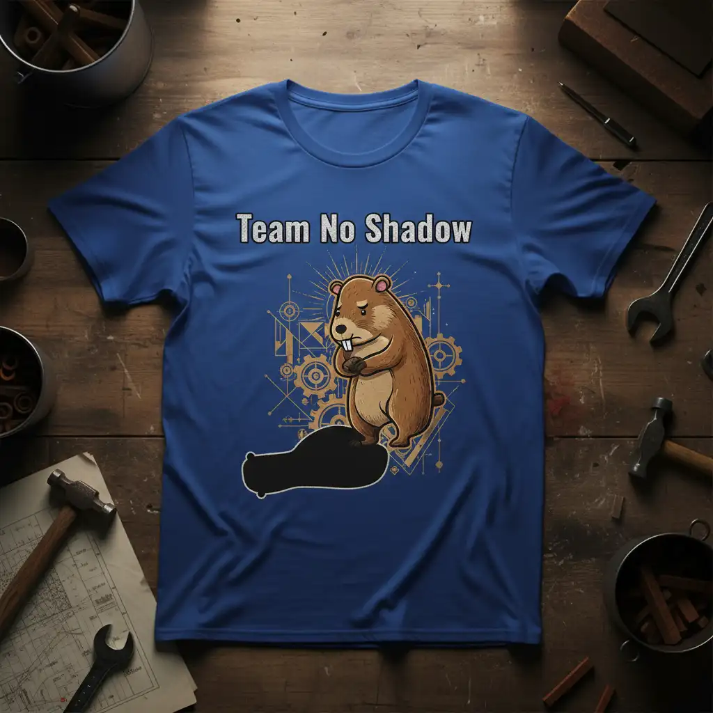 Team No Shadow text and a cute groundhog graphic with gears, celebrating Groundhog Day humor