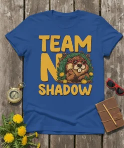 Team No Shadow t-shirt design featuring a cool groundhog wearing sunglasses and the text "TEAM NO SHADOW" in yellow lettering