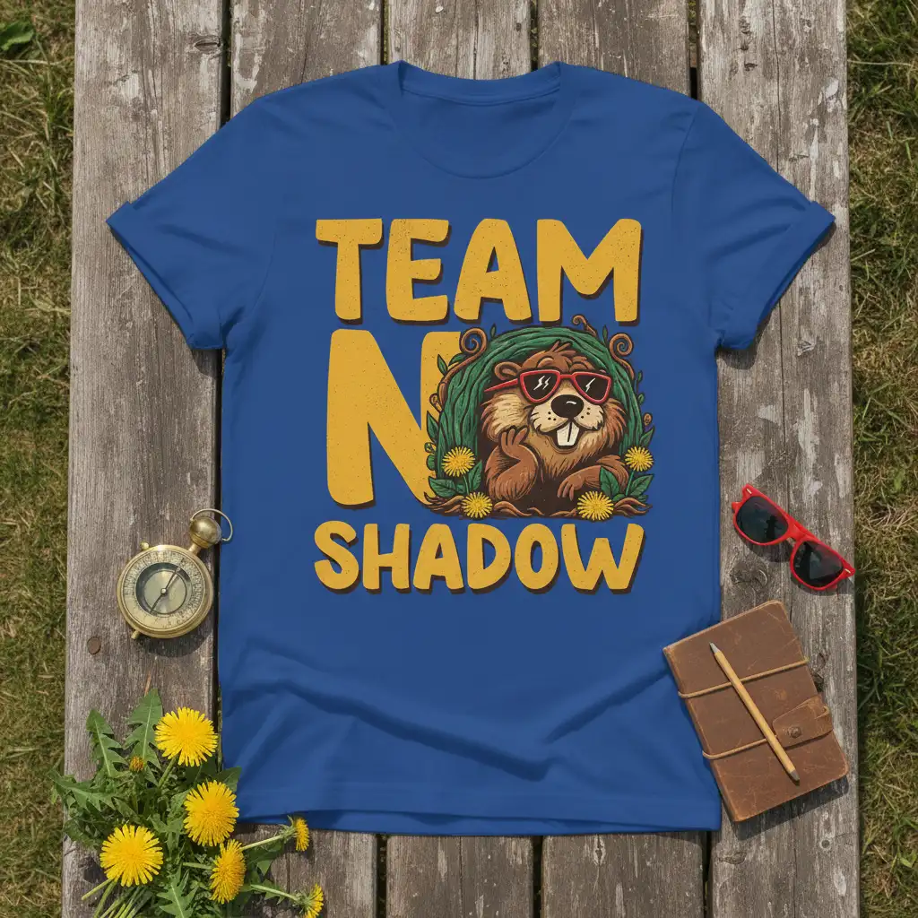 Team No Shadow groundhog graphic tee with cool sunglasses and yellow text, perfect for Groundhog Day celebrations