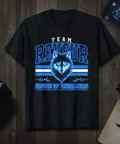 Team Reveur House of Dreamers t-shirt with a blue neon wolf graphic and text, designed for dreamers