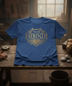 Blue t-shirt with gold "TEAM SIBINDI" crest design, featuring shield and decorative elements