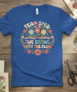 Team Sped We Grow With The Flow t-shirt with floral wreath and rainbow graphic for special education teachers