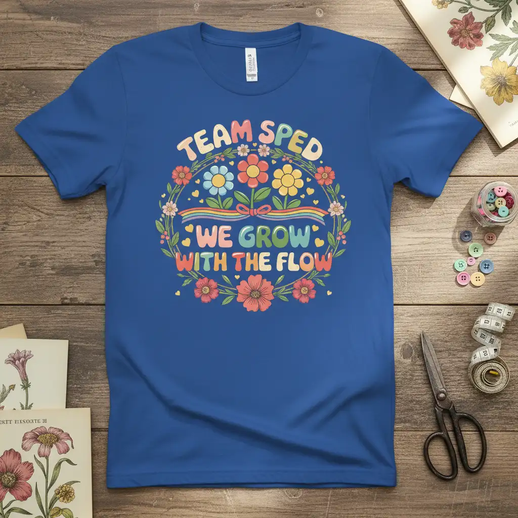 Team Sped We Grow With The Flow quote on a t-shirt, featuring a floral wreath and rainbow design