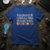 Teamwork makes the dream work quote with colorful puzzle pieces design on a blue t-shirt