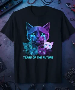 Tears of the Future neon cyberpunk cat graphic t-shirt with multiple cats crying and circuits
