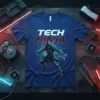 Tech Ninja t-shirt design featuring a hooded figure with shurikens, circuit board background, and glitch text effect