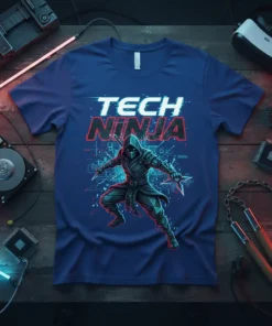 Tech Ninja t-shirt design featuring a hooded figure with shurikens, circuit board background, and glitch text effect