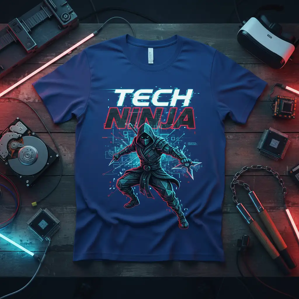 Tech Ninja graphic tee with a hooded warrior holding shurikens and circuit board elements