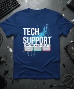 Tech Support Control Alt Delete T-Shirt featuring white text with circuit board graphics and colored buttons