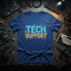 Tech Support neon sign graphic t-shirt in blue with orange and cyan glowing text