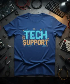 Tech Support neon sign graphic t-shirt in blue with orange and cyan glowing text
