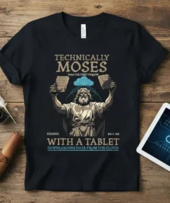 Technically Moses was the first person with a tablet downloading data from the cloud t-shirt design featuring Moses holding tablets