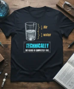 Technically the Glass is Completely Full science joke t-shirt design with a glass of water and air, for chemists and