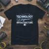 Technology Whisperer Infrastructure text design with circuit board graphics on a black t-shirt