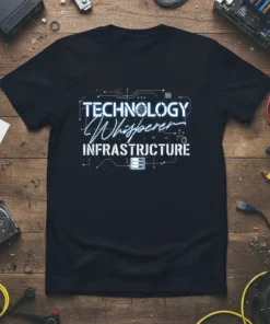 Technology Whisperer Infrastructure text design with circuit board graphics on a black t-shirt