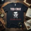 Ted Cruz Zodiac Killer text and portrait design on a black t-shirt for political commentary