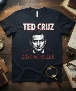 Ted Cruz Zodiac Killer text and portrait design on a black t-shirt for political commentary