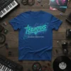 TEENJUS THE SECOND COMING OF COOL t-shirt with neon green and purple retro design on a blue shirt