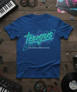 TEENJUS THE SECOND COMING OF COOL t-shirt with neon green and purple retro design on a blue shirt