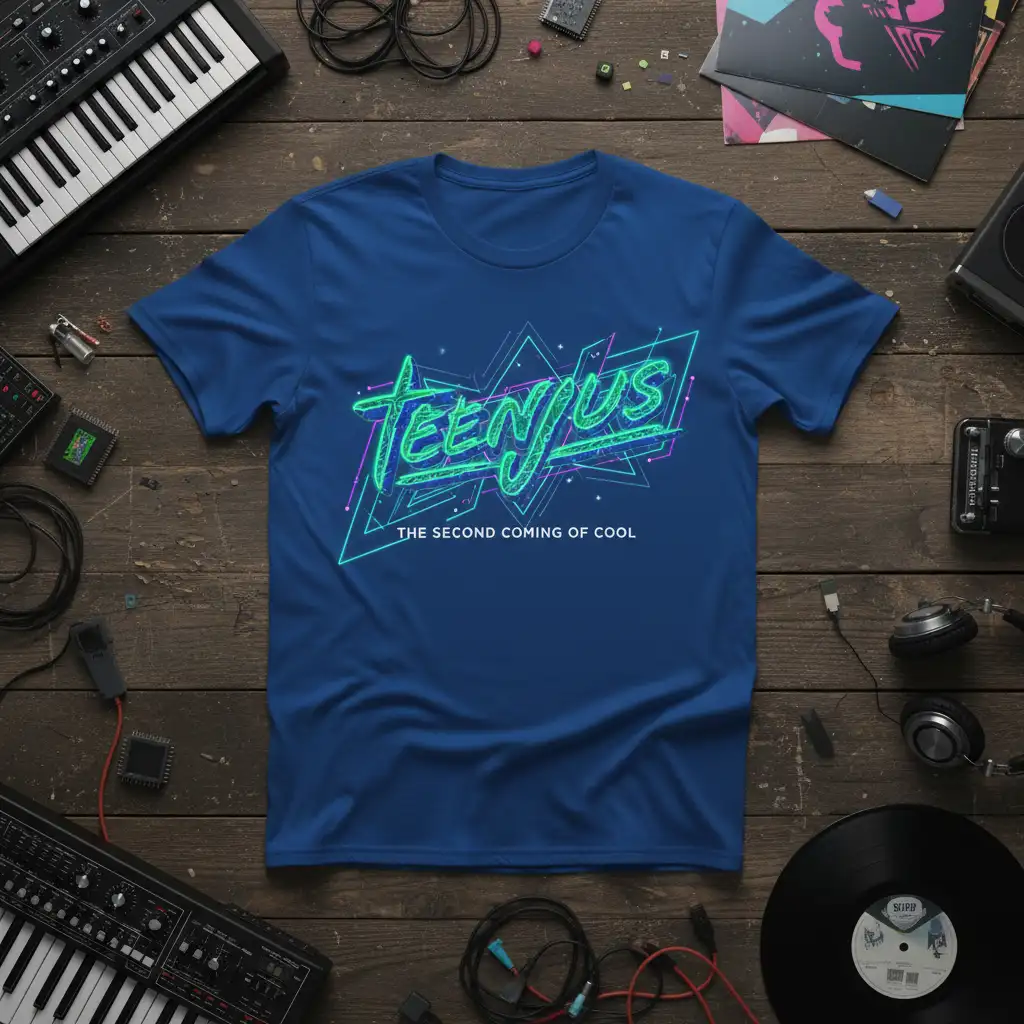 TEENJUS THE SECOND COMING OF COOL slogan on a retro neon graphic t-shirt