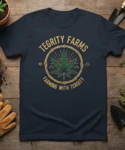 Navy t-shirt with gold text "Tegrity Farms Farming With Tergity" and a central cannabis leaf emblem