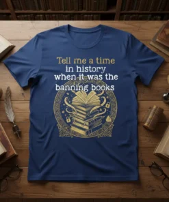 Tell me a time in history when it was the banning books quote t-shirt with stack of books graphic
