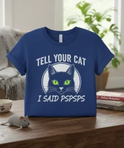 Tell Your Cat I Said Pspsps funny quote t-shirt with a graphic of a black cat's face and green eyes