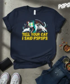 Tell Your Cat I Said Pspsps T-Shirt design featuring geometric cats and bold yellow text