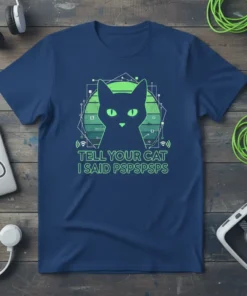 Navy t-shirt with a black cat silhouette graphic and the text "TELL YOUR CAT I SAID PSPSPSPS" in neon green
