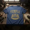 Navy blue t-shirt with distressed yellow "TEMPLE" text above a graphic of a classical building flanked by two lions