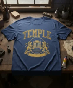 Navy blue t-shirt with distressed yellow "TEMPLE" text above a graphic of a classical building flanked by two lions