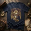 Tempus Fugit T-Shirt with gold winged hourglass and vintage clock graphic, navy blue