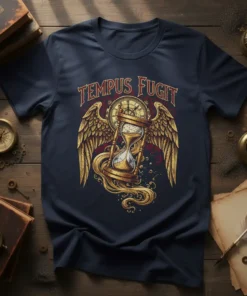 Tempus Fugit T-Shirt with gold winged hourglass and vintage clock graphic, navy blue