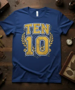 Blue t-shirt with gold and white "TEN 10" graphic, featuring laurel wreaths and geometric patterns
