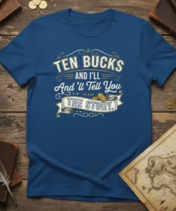 Funny "Ten Bucks And I'll Tell You The Story" quote t-shirt design with vintage typography and coin graphics