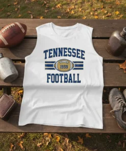 White sleeveless t-shirt with "TENNESSEE 1959 FOOTBALL" text and vintage football graphic