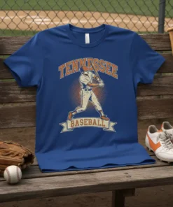 Vintage Tennessee Baseball t-shirt design featuring a baseball player swinging a bat and the words "Tennessee Baseball"