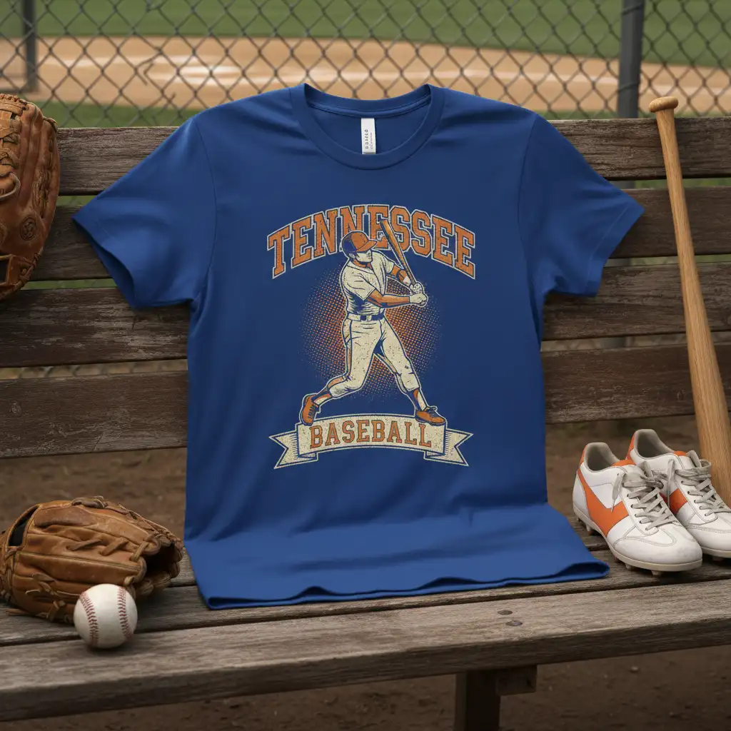 Vintage Tennessee Baseball graphic tee design with batter illustration and retro text